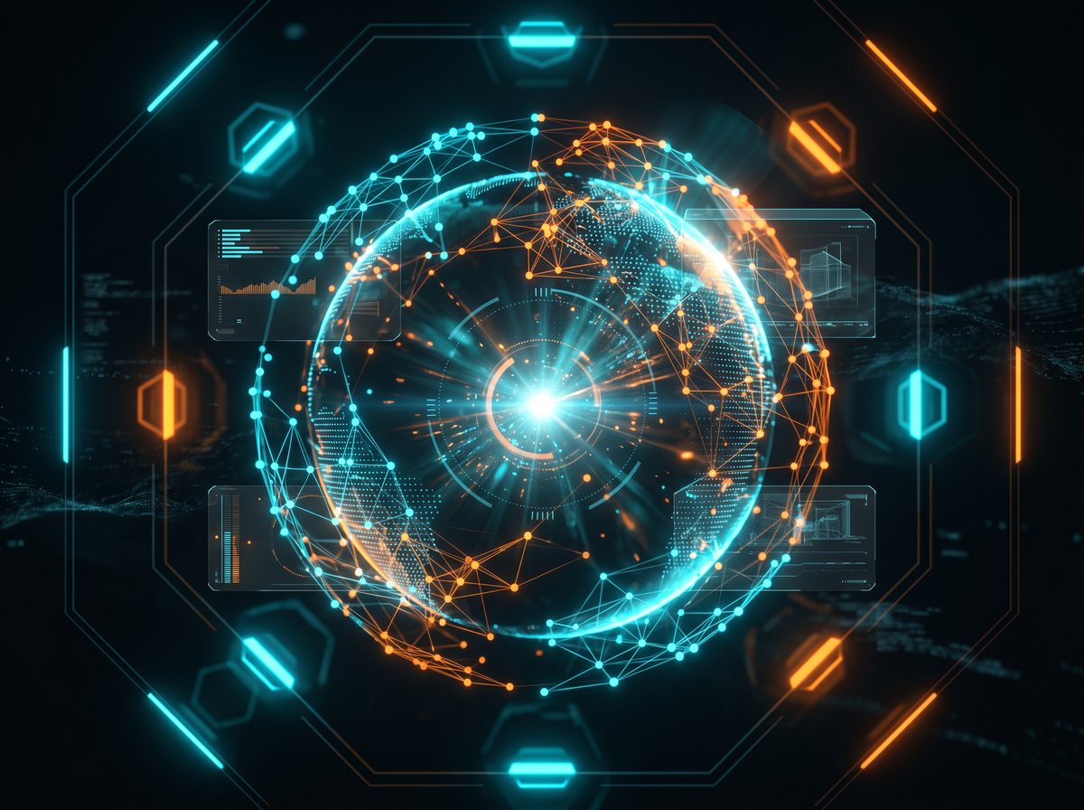 Interface neurale COTY — graphe de connaissances holographique cyan et orange
