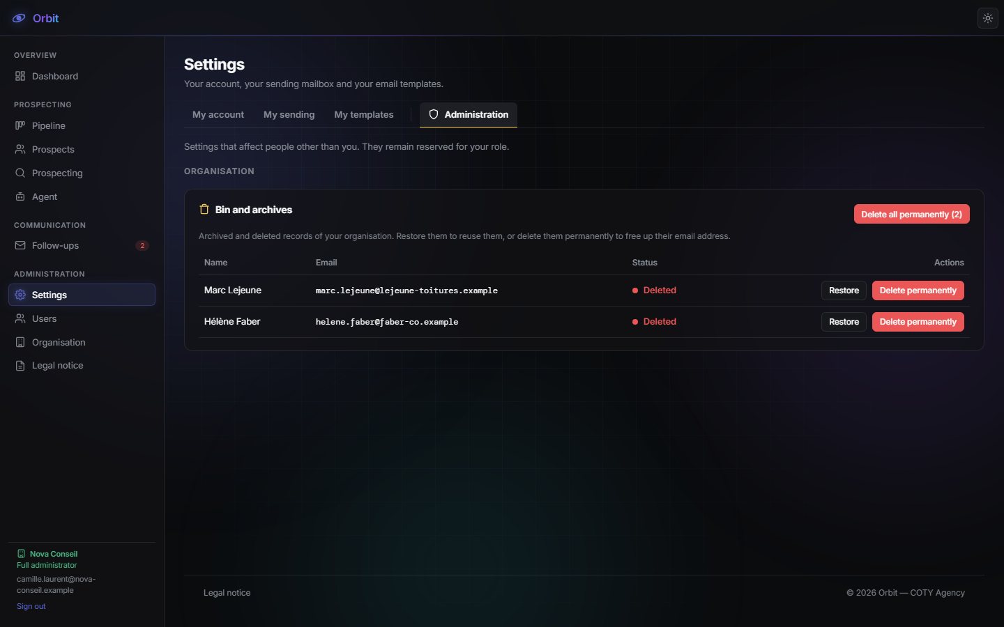 Settings, Administration