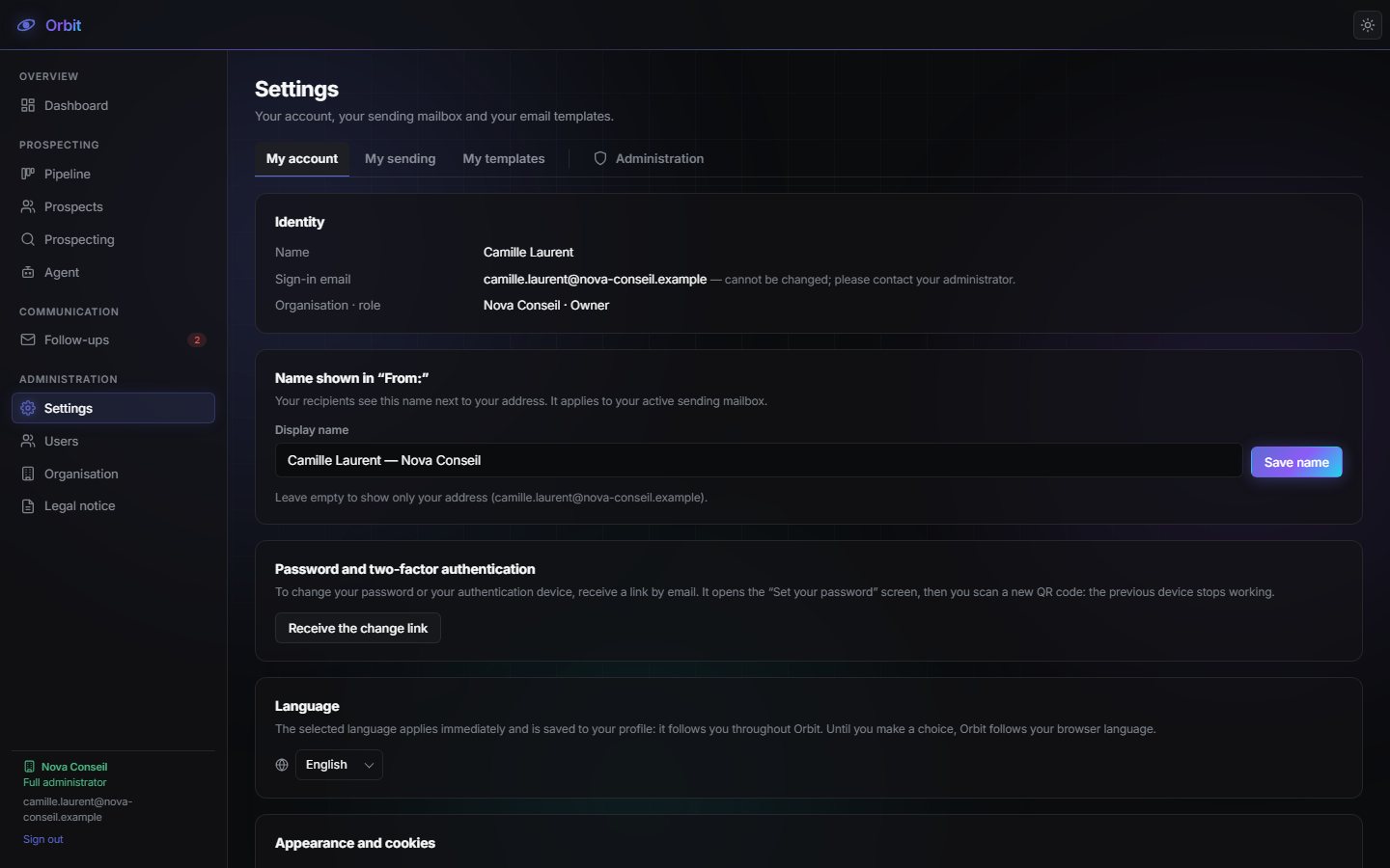 Settings, My account