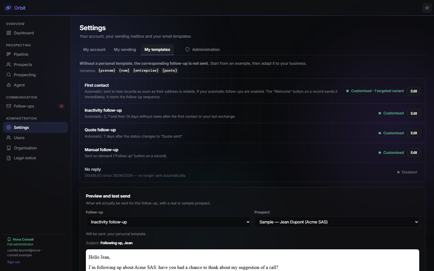 Settings, My templates