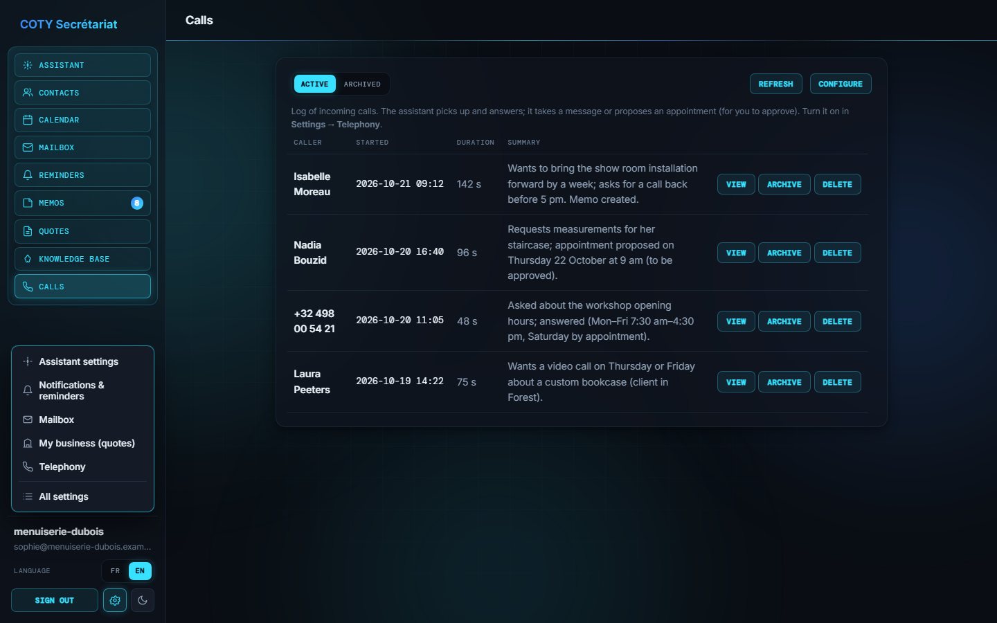 Settings menu