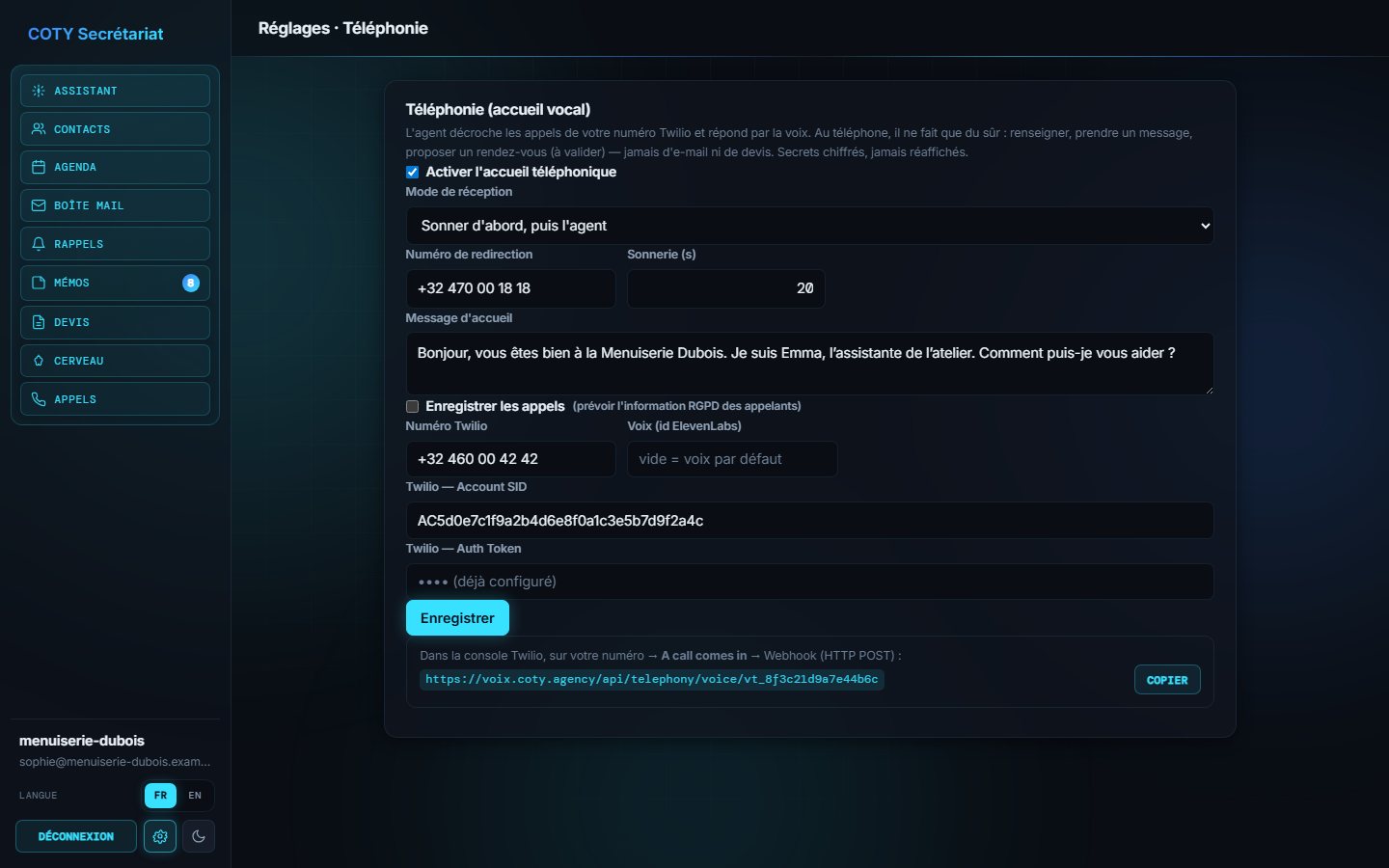 Réglages de la téléphonie
